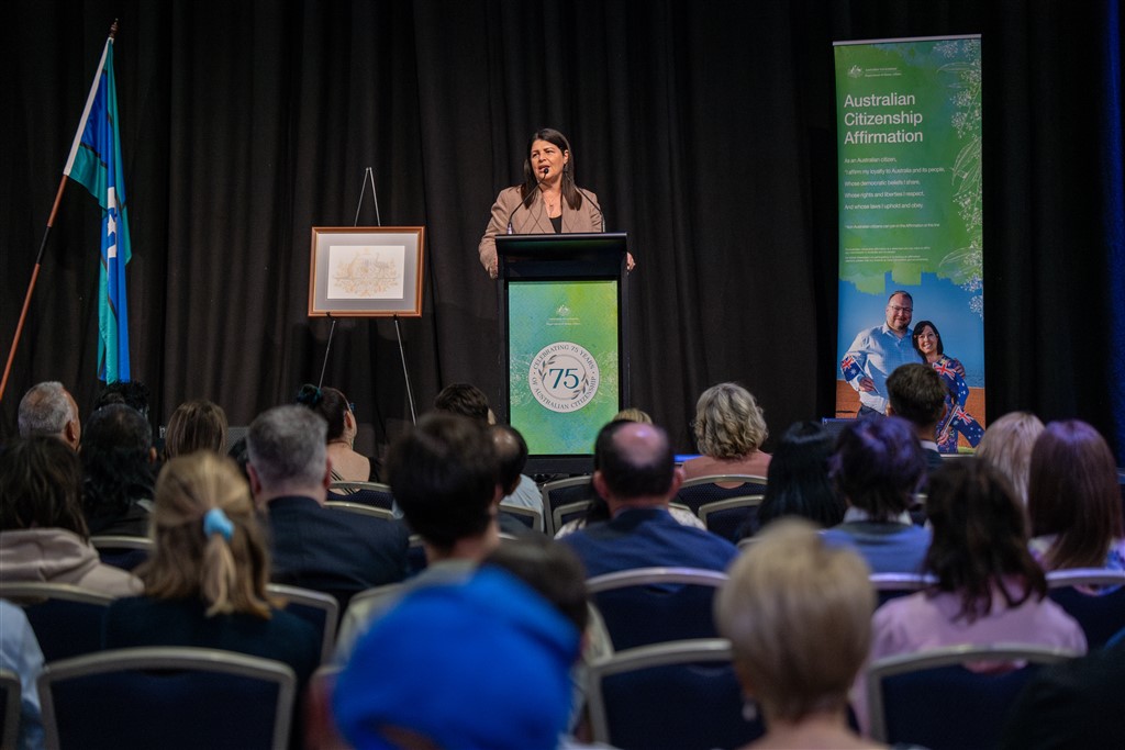 Grace Grace, QLD Member for Brisbane Central, speaking at a Brisbane citizenship ceremony. Photo: Home Affairs.