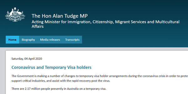 Australia's Acting Immigration Minister Alan Tudge has ruled out support for temporary visa-holders during the Coronavirus crisis.