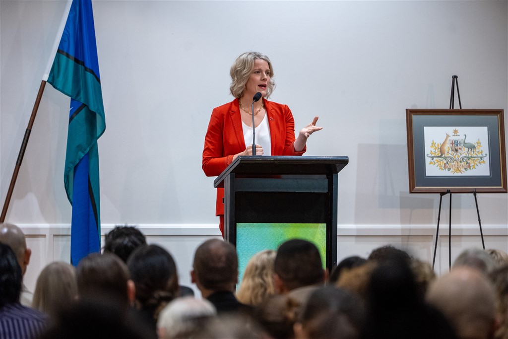 Minister for Home Affairs Clare O'Neil speaking at the Logan City Council citizenship ceremony. Photo: Home Affairs.