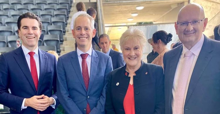 Tim Watts MP, Andrew Giles MP, High Commissioner to Canberra Dame Annette King, and Shayne Neumann pictured at a special citizenship ceremony in Brisbane on 23 April 2023.